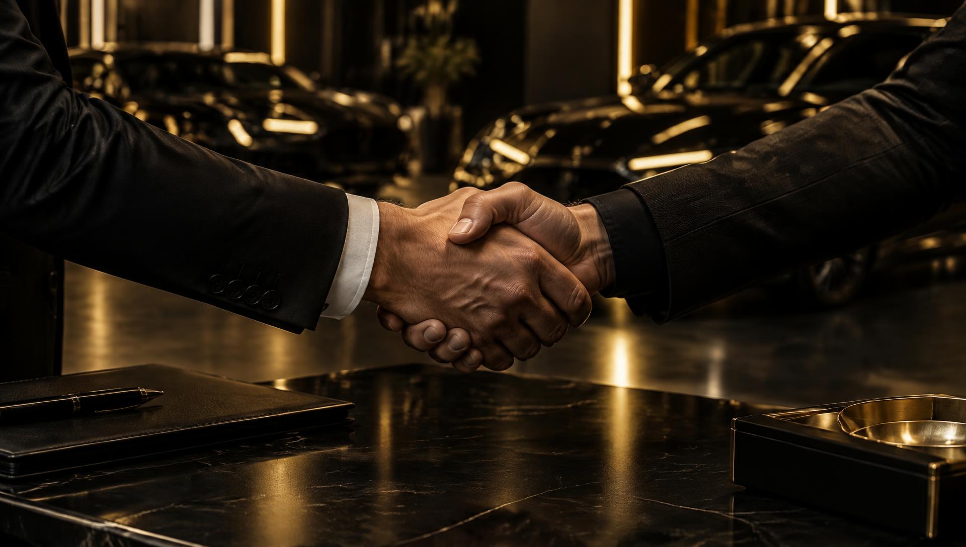 Handshake over a desk in the Grand Motors showroom after arranging car finance