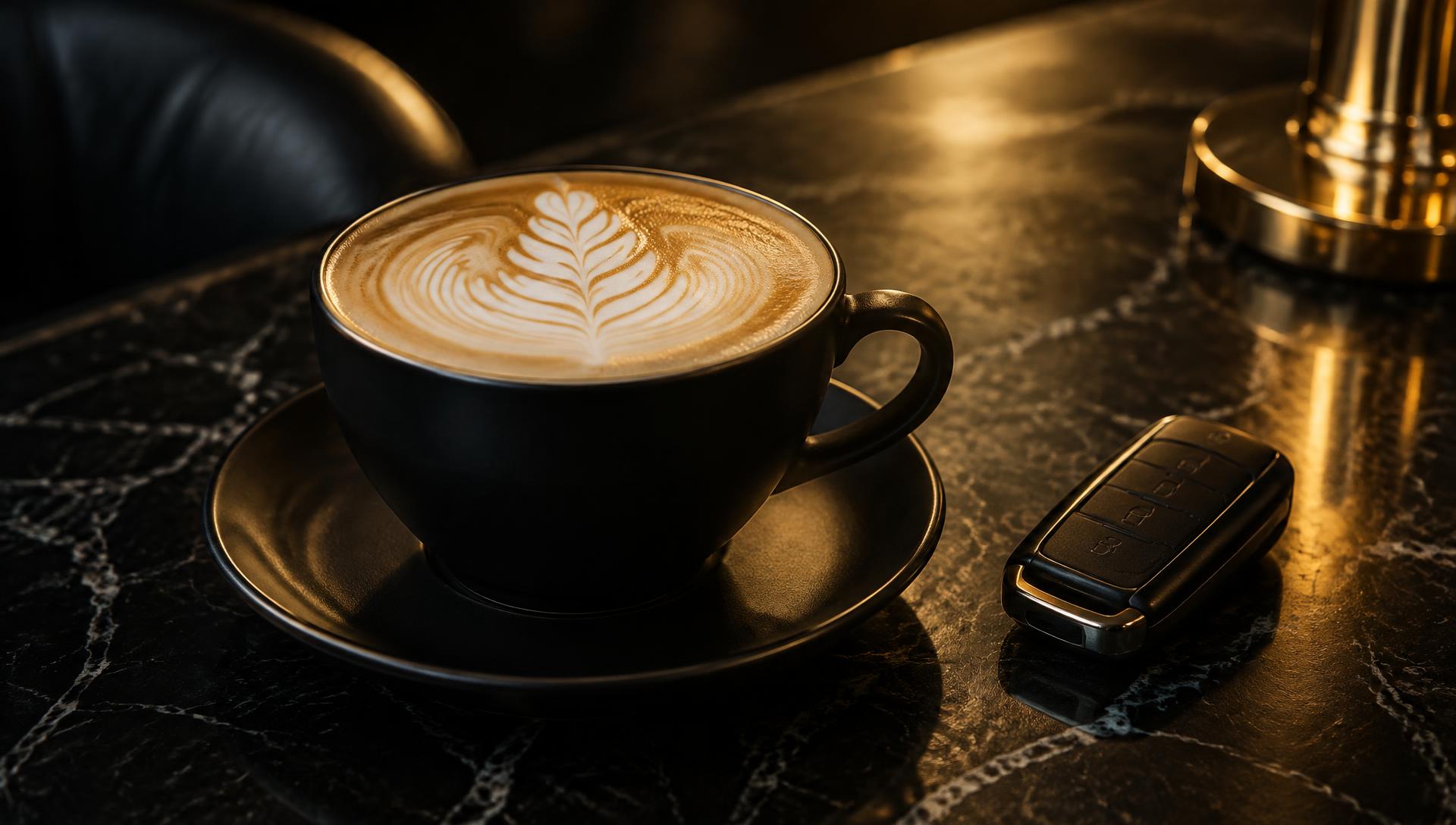 Flat white with latte art beside a car key on a black marble counter